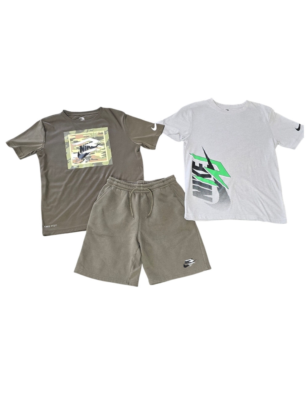 Nike Olive Camo Graphic Tee, Olive Drawstring Shorts & Gray Logo Tee